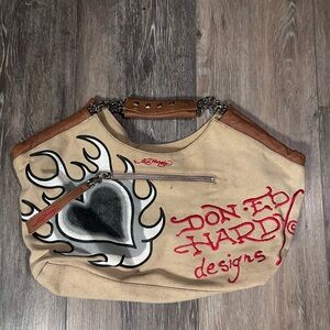 Ed Hardy Beige Canvas Shoulder Bag with Red Script and Black Heart Graphic
